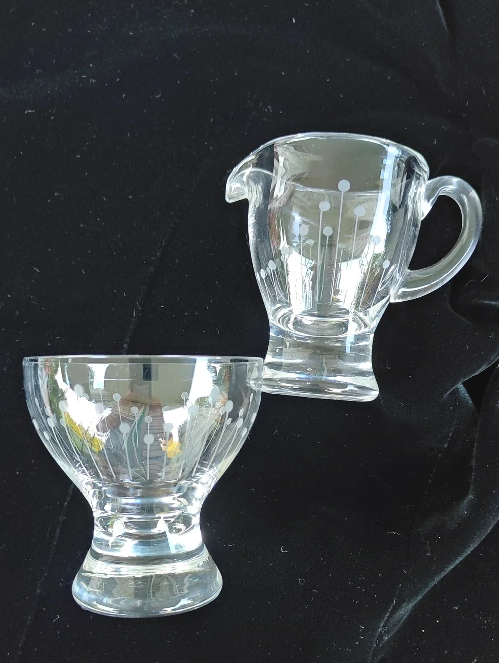 Clear Glass Creamer and Sugar Set with Etched Line And Dot Pattern